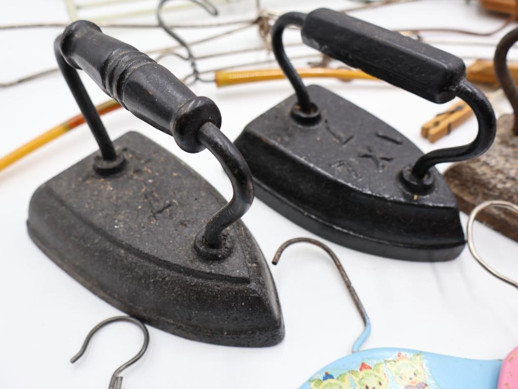 Antique Sad Irons and Vintage Advertising Clothes Hangers Collection - 4