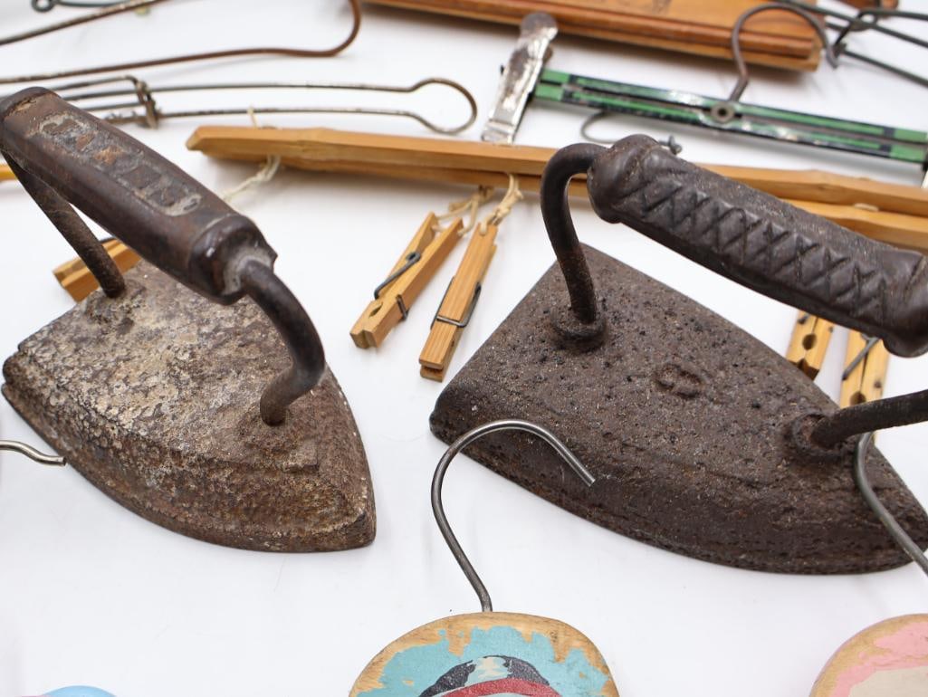 Antique Sad Irons and Vintage Advertising Clothes Hangers Collection - 5