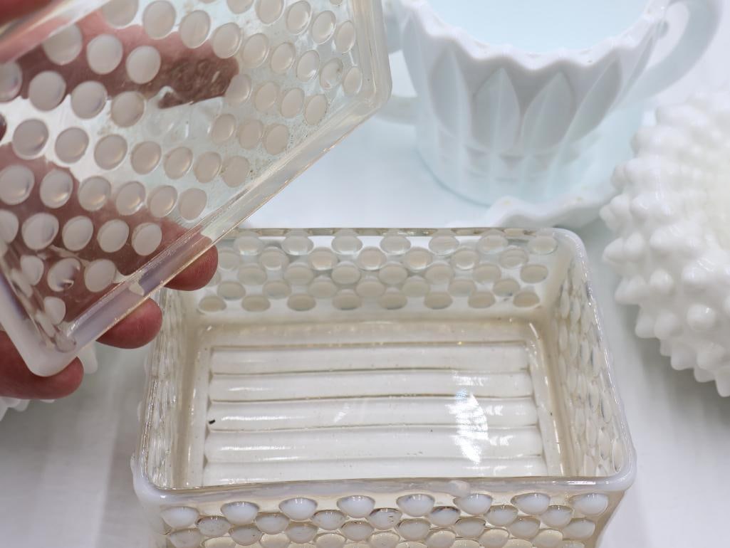 Vintage Fenton-Style Milk Glass Hobnail Vanity and Tableware Collection - 3