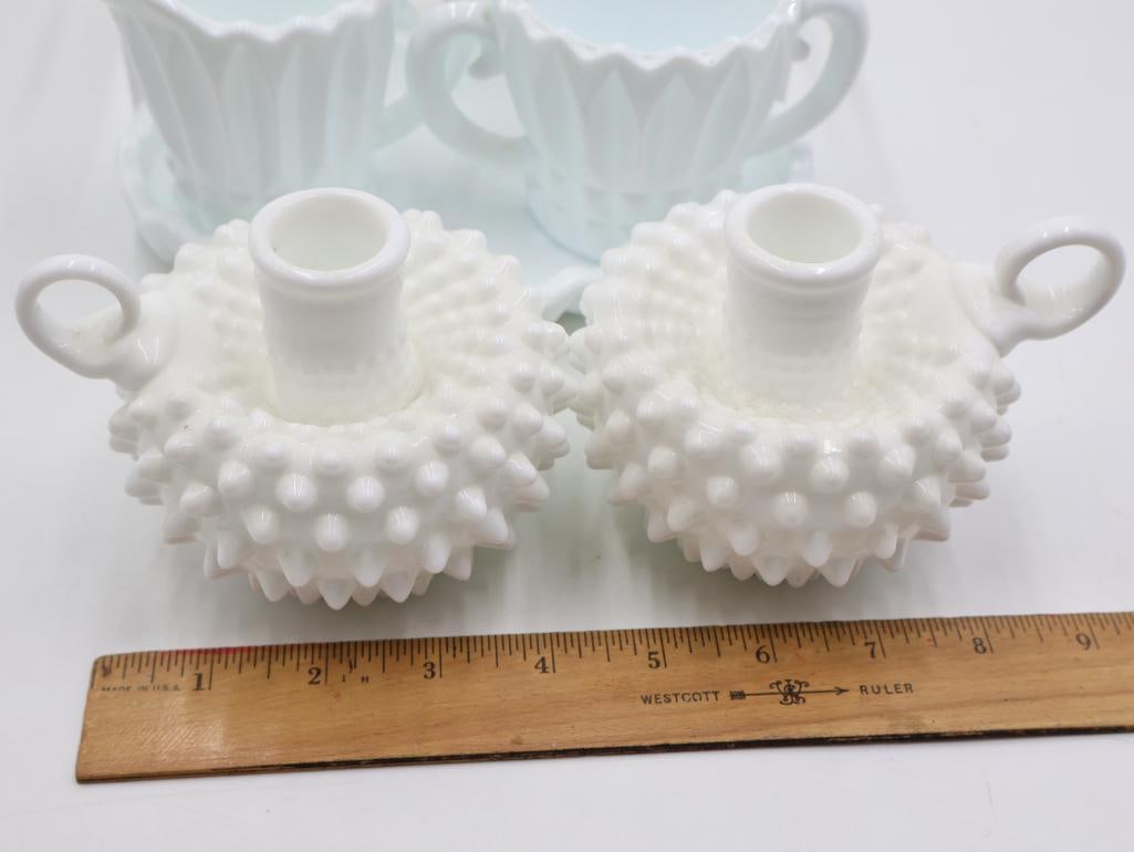 Vintage Fenton-Style Milk Glass Hobnail Vanity and Tableware Collection - 5