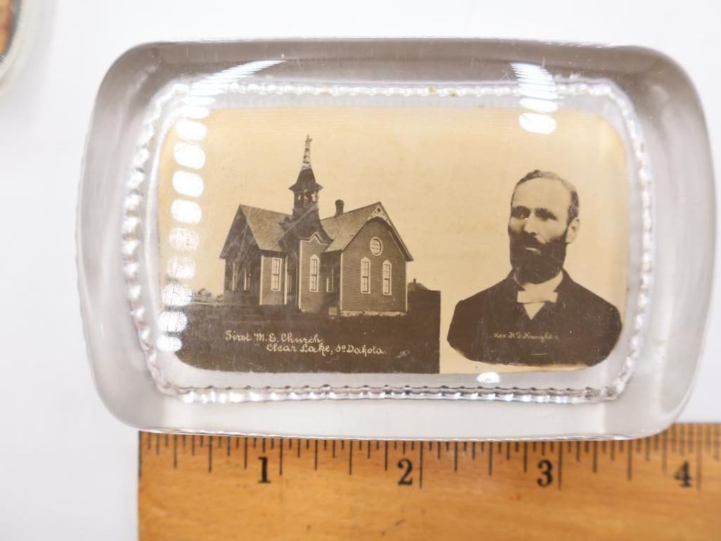 Antique Glass Photo Paperweights Churches & Portraits, Lot of 3 - 4