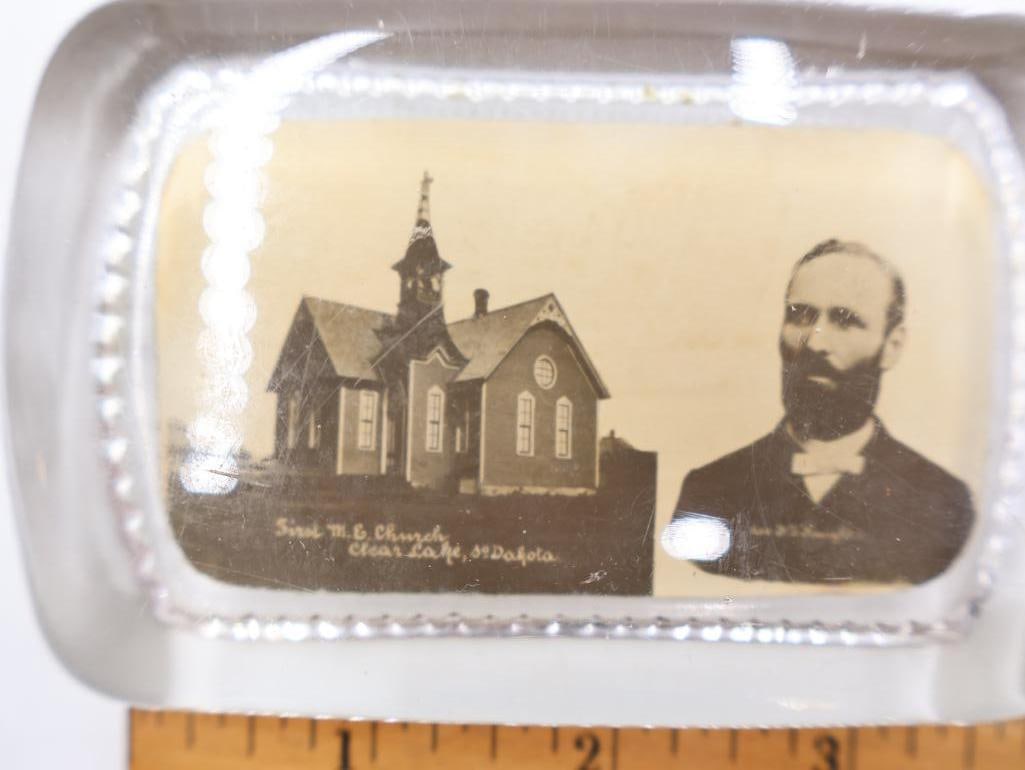 Antique Glass Photo Paperweights Churches & Portraits, Lot of 3 - 5
