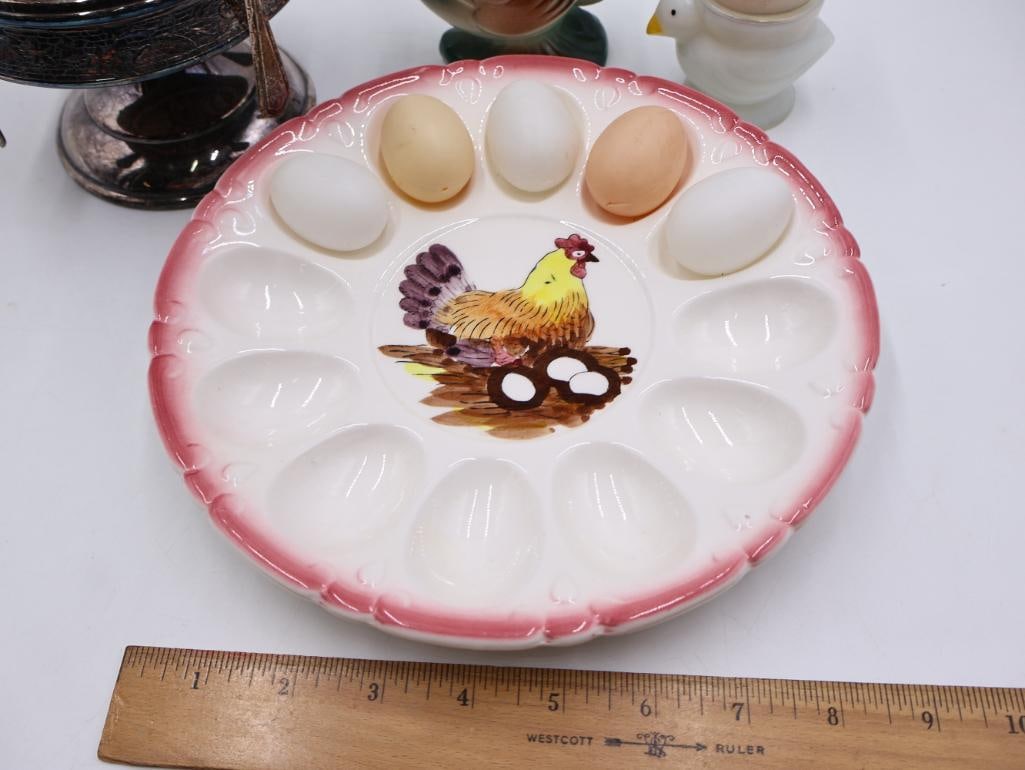Vintage Egg Serving Collection Silver Plate Egg Cups, Rooster and Hen - 2