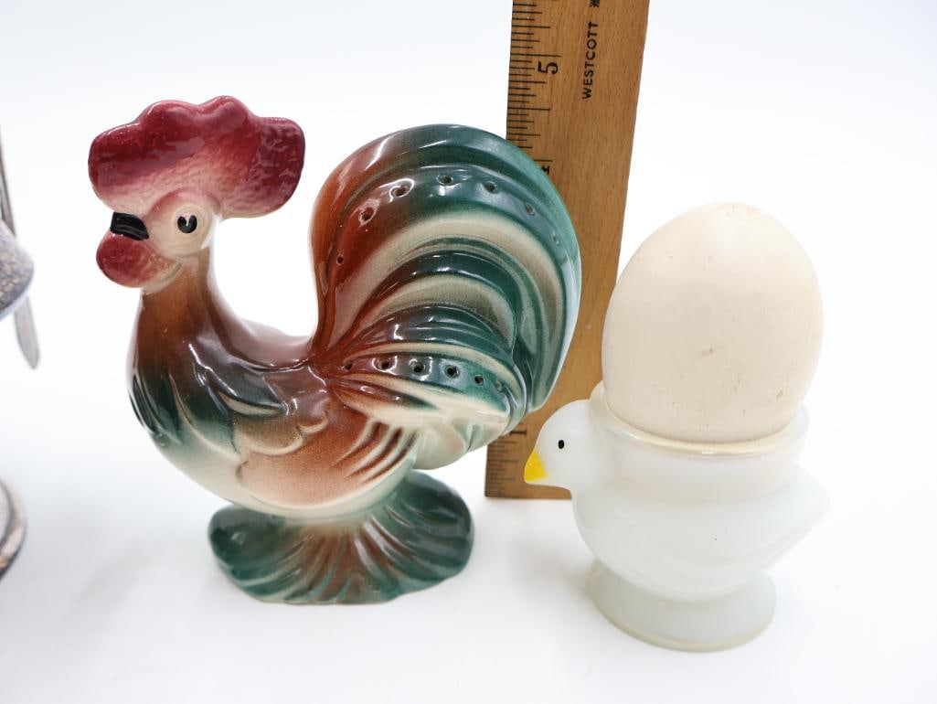 Vintage Egg Serving Collection Silver Plate Egg Cups, Rooster and Hen - 6