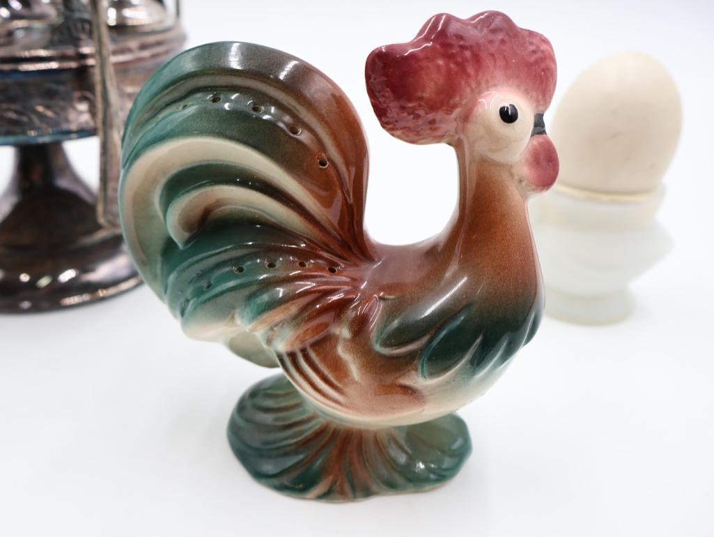 Vintage Egg Serving Collection Silver Plate Egg Cups, Rooster and Hen - 8