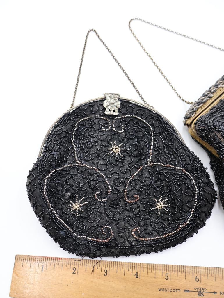 Antique Victorian Black Beaded Evening Purses Lot of 2 - 2