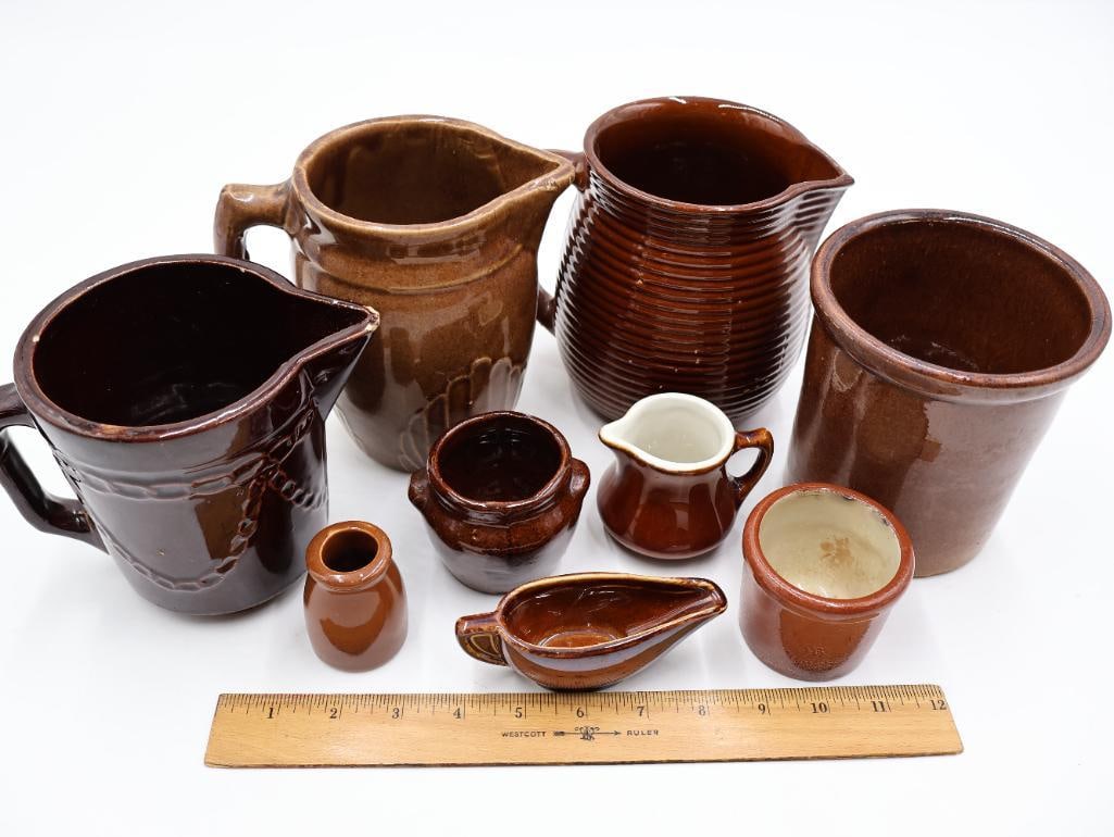 Antique Brown Glazed Stoneware Pitchers, Crocks & Creamers Lot of 9 - 2