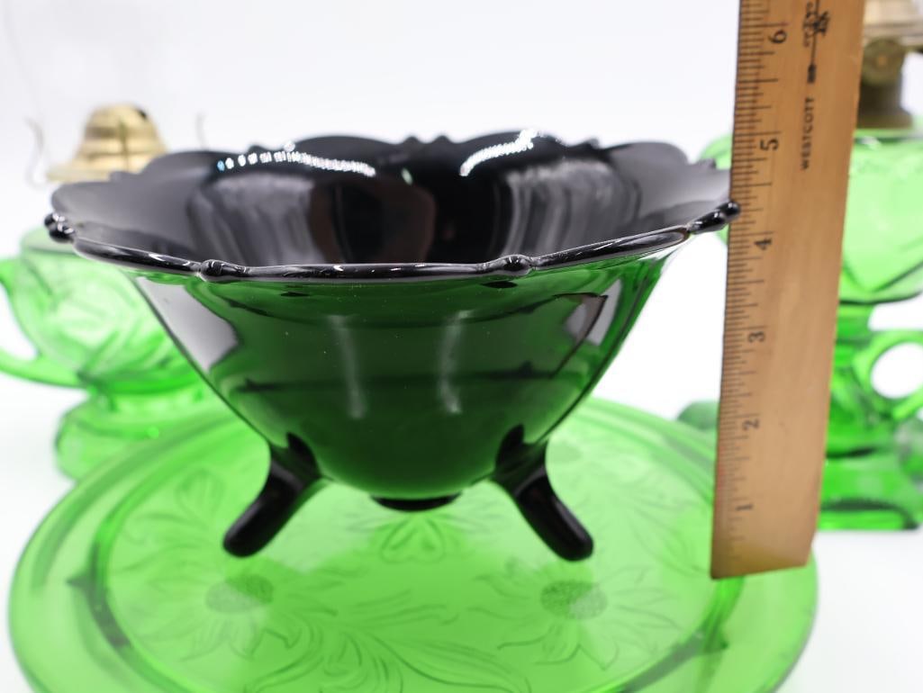 Vintage Green Depression Glass Oil Lamps and Serving Pieces - 2