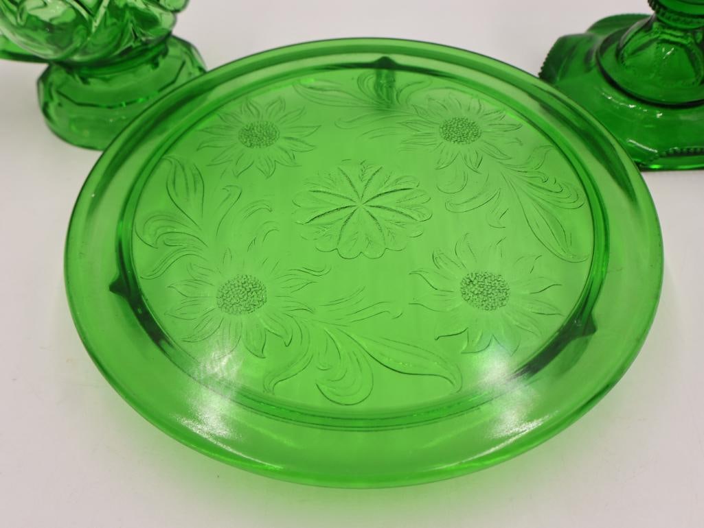 Vintage Green Depression Glass Oil Lamps and Serving Pieces - 5