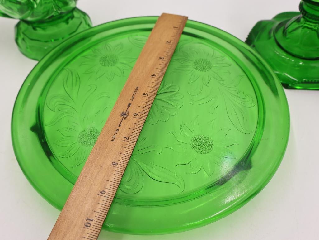 Vintage Green Depression Glass Oil Lamps and Serving Pieces - 6