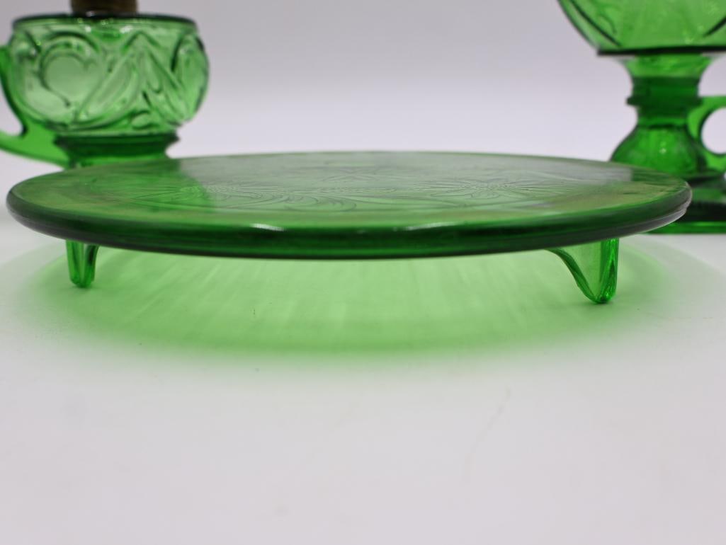 Vintage Green Depression Glass Oil Lamps and Serving Pieces - 7