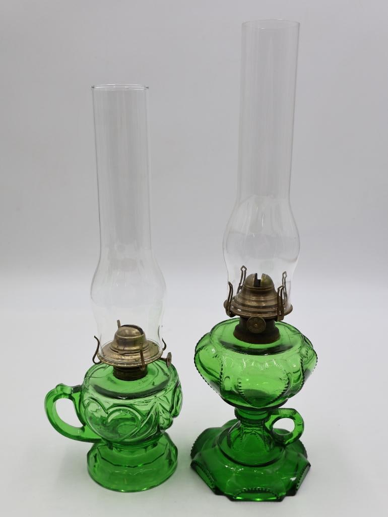 Vintage Green Depression Glass Oil Lamps and Serving Pieces - 8