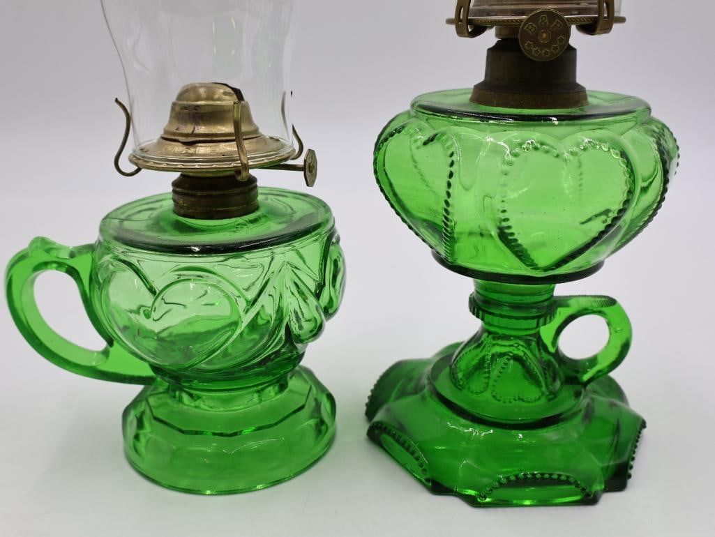 Vintage Green Depression Glass Oil Lamps and Serving Pieces - 9