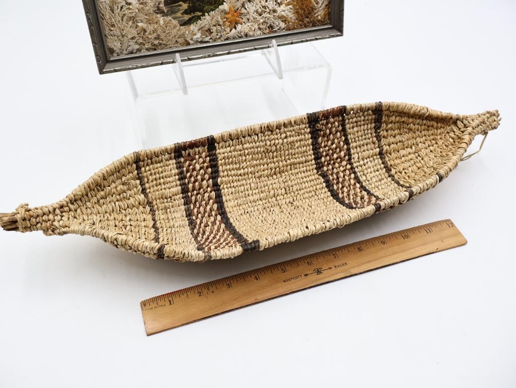 Vintage Shell Art Lighthouse Diorama and Handwoven Boat-Shaped Basket - 2