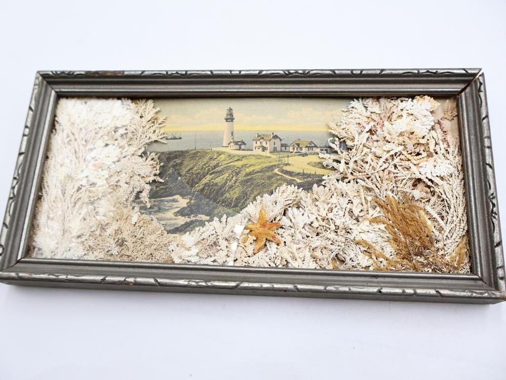 Vintage Shell Art Lighthouse Diorama and Handwoven Boat-Shaped Basket - 6