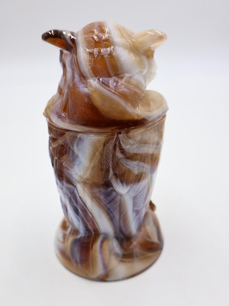 Caramel-and-white "End O' Day" slag glass owl - 3