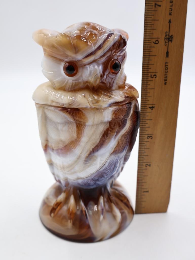 Caramel-and-white "End O' Day" slag glass owl - 7