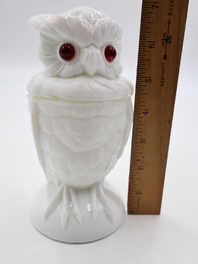 Vintage Milk Glass Owl Covered Jar with Red Glass Eyes - 2