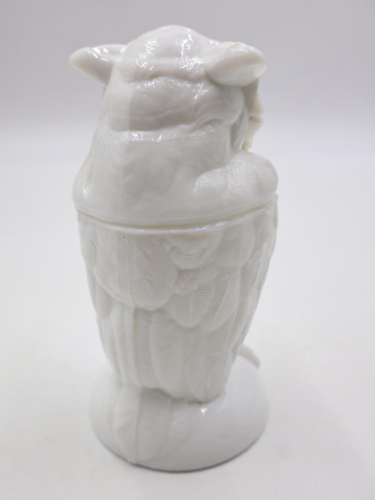 Vintage Milk Glass Owl Covered Jar with Red Glass Eyes - 3