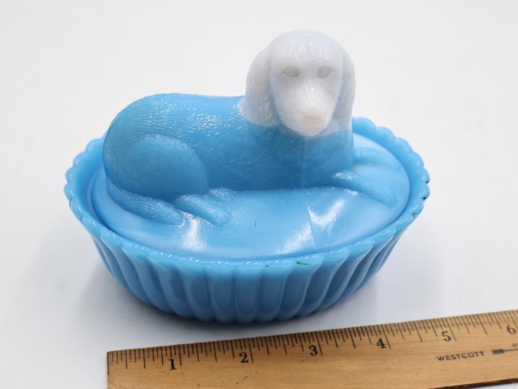 Vintage Westmoreland Blue and White Slag Milk Glass Covered Animal Dish Duo - 9