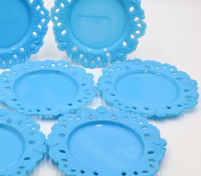 Set of 7 Vintage Turquoise Blue Milk Glass "Forget-Me-Not" Open Lace Rim Plates - 2