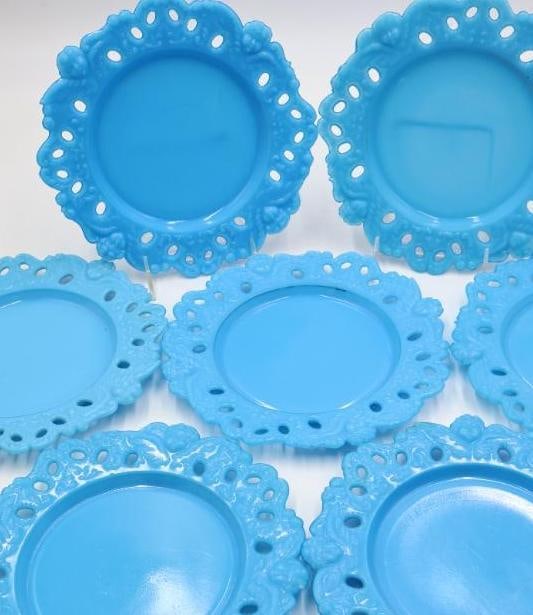 Set of 7 Vintage Turquoise Blue Milk Glass "Forget-Me-Not" Open Lace Rim Plates - 3