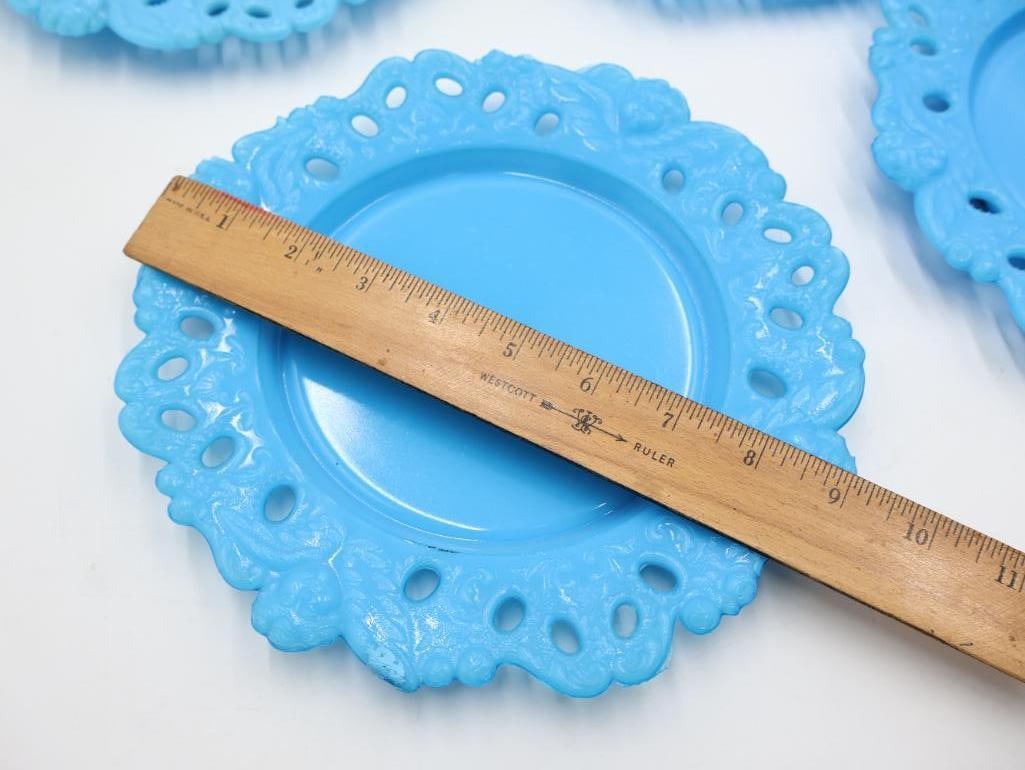 Set of 7 Vintage Turquoise Blue Milk Glass "Forget-Me-Not" Open Lace Rim Plates - 4
