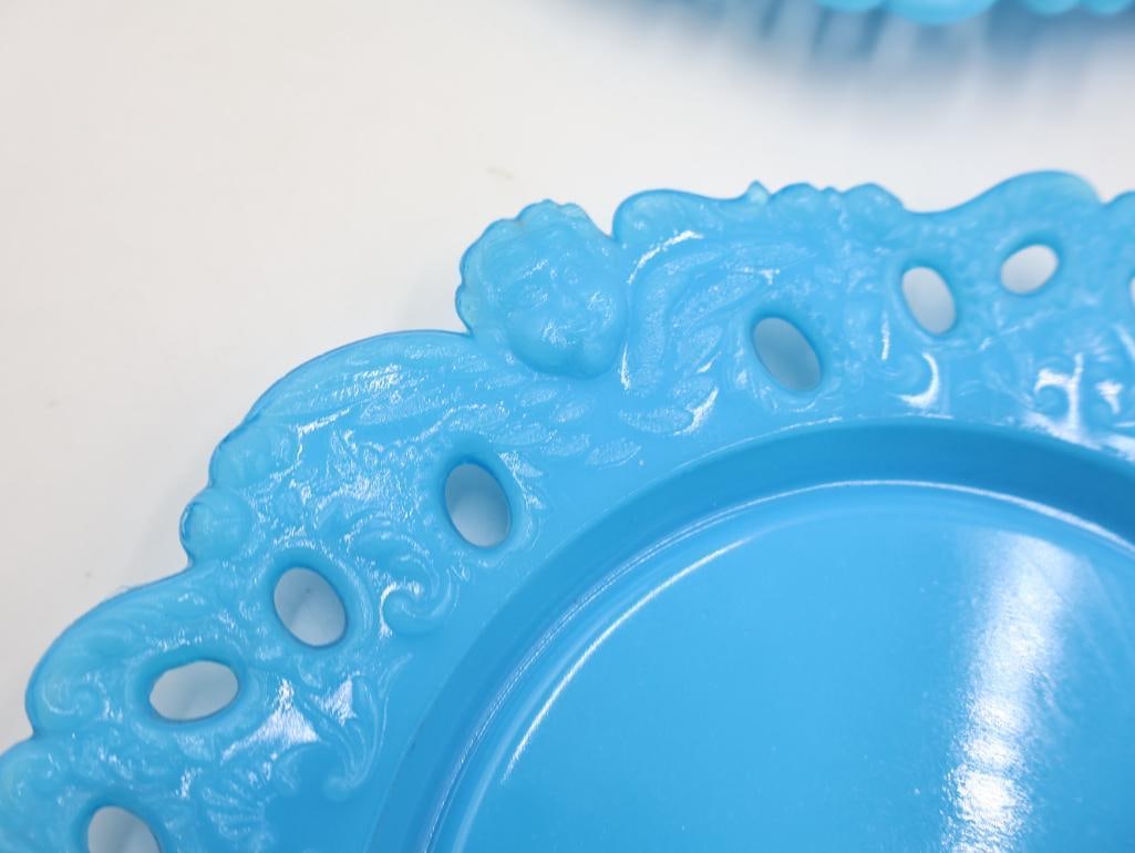 Set of 7 Vintage Turquoise Blue Milk Glass "Forget-Me-Not" Open Lace Rim Plates - 5