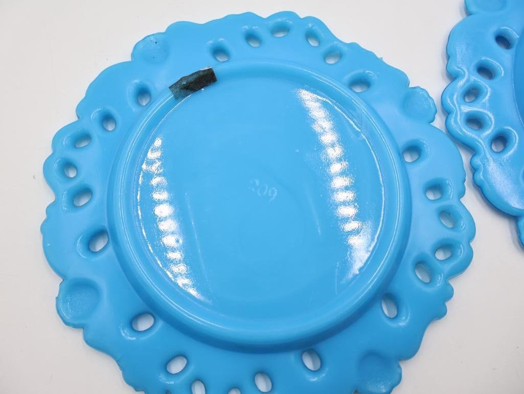 Set of 7 Vintage Turquoise Blue Milk Glass "Forget-Me-Not" Open Lace Rim Plates - 6