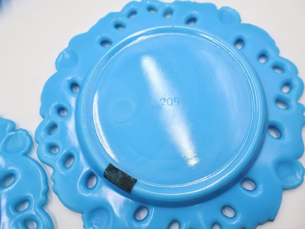 Set of 7 Vintage Turquoise Blue Milk Glass "Forget-Me-Not" Open Lace Rim Plates - 7