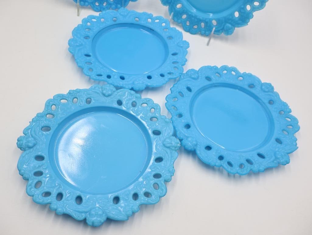 Set of 7 Vintage Turquoise Blue Milk Glass "Forget-Me-Not" Open Lace Rim Plates - 8