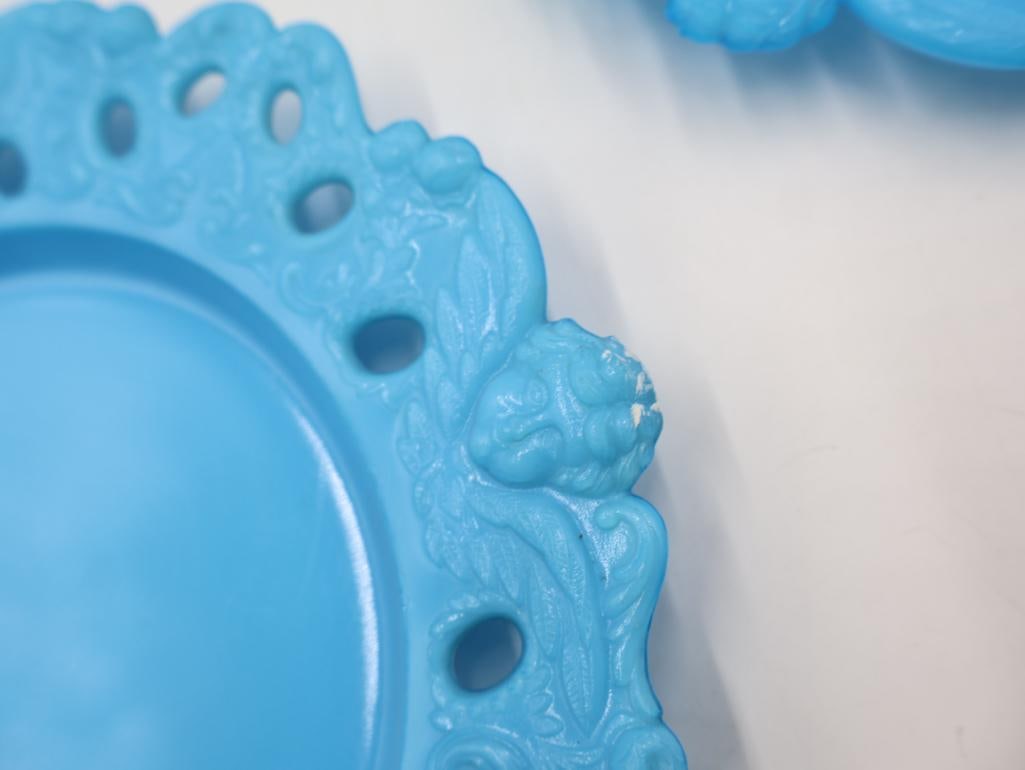 Set of 7 Vintage Turquoise Blue Milk Glass "Forget-Me-Not" Open Lace Rim Plates - 9