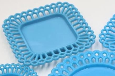 Vintage Turquoise Blue Milk Glass Open Lace Edge Plate & Tray 7-Piece Set - 2