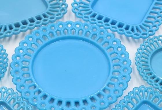 Vintage Turquoise Blue Milk Glass Open Lace Edge Plate & Tray 7-Piece Set - 3