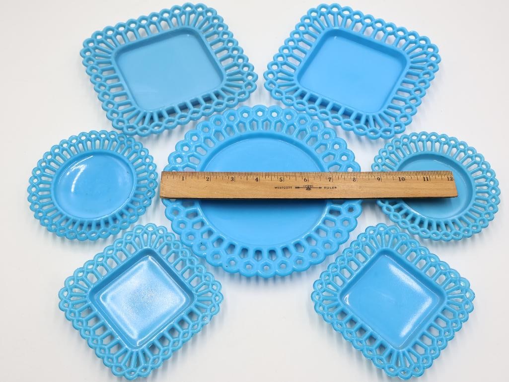Vintage Turquoise Blue Milk Glass Open Lace Edge Plate & Tray 7-Piece Set - 4
