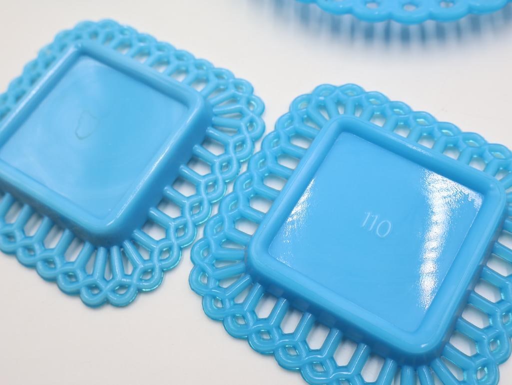 Vintage Turquoise Blue Milk Glass Open Lace Edge Plate & Tray 7-Piece Set - 7