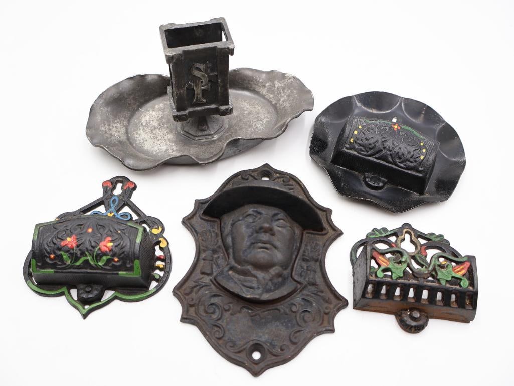 Antique Cast Iron Lot Wall Match Safes and Matchholder Ashtray - 2