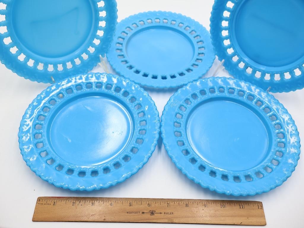 Vintage Westmoreland Turquoise Blue Milk Glass "Forget-Me-Not" 5-Piece Plate Set - 3