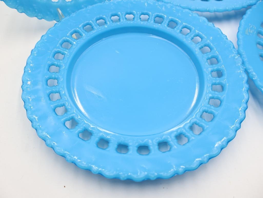 Vintage Westmoreland Turquoise Blue Milk Glass "Forget-Me-Not" 5-Piece Plate Set - 4