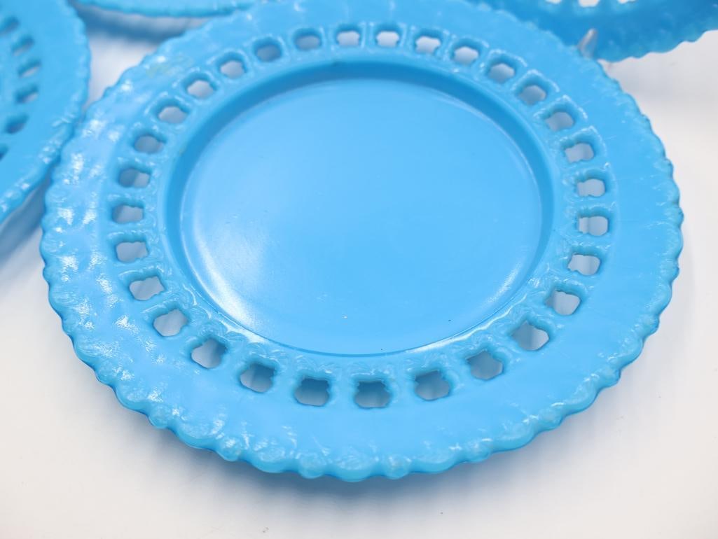 Vintage Westmoreland Turquoise Blue Milk Glass "Forget-Me-Not" 5-Piece Plate Set - 5