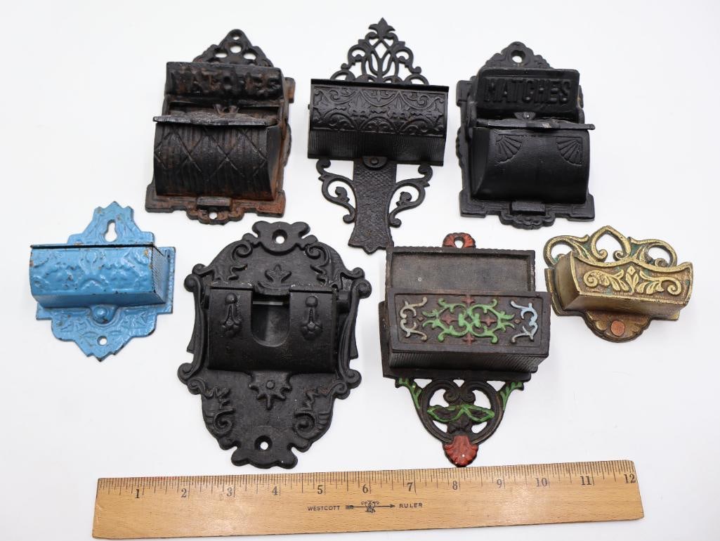 Antique & Vintage Cast Iron Wall Match Safes 7-Piece Collectible Lot - 2