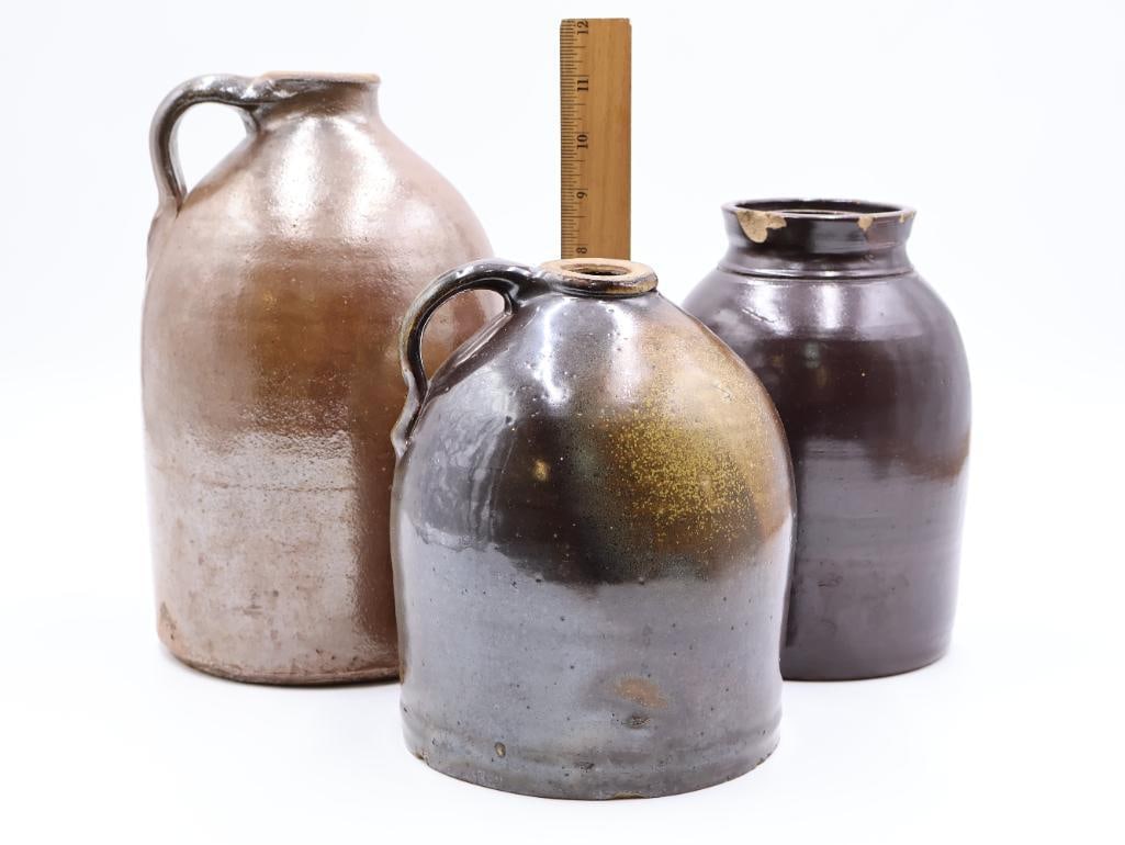 Antique American Stoneware Jugs & Ovoid Jar 3-Piece Primitive Crock Lot - 2