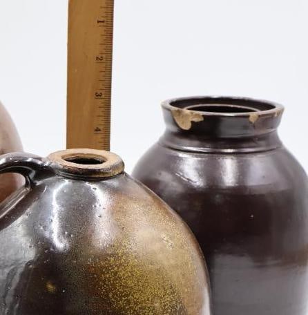 Antique American Stoneware Jugs & Ovoid Jar 3-Piece Primitive Crock Lot - 3