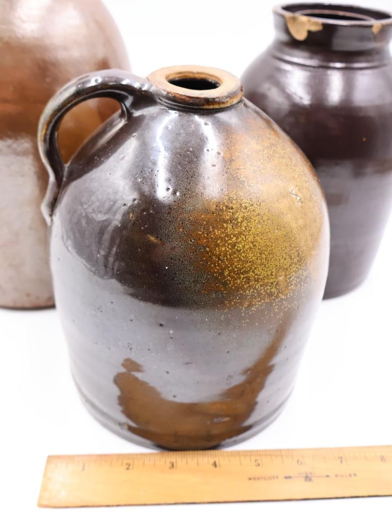 Antique American Stoneware Jugs & Ovoid Jar 3-Piece Primitive Crock Lot - 4