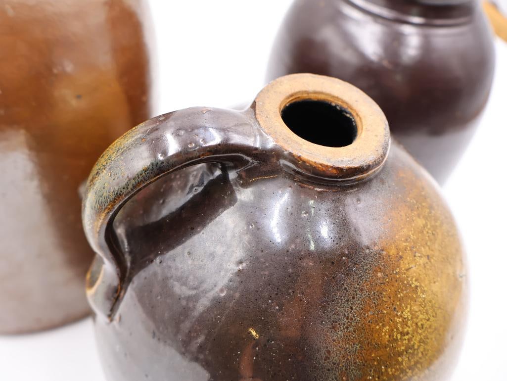 Antique American Stoneware Jugs & Ovoid Jar 3-Piece Primitive Crock Lot - 6