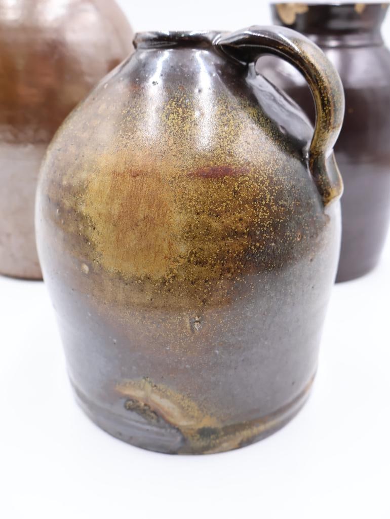 Antique American Stoneware Jugs & Ovoid Jar 3-Piece Primitive Crock Lot - 7