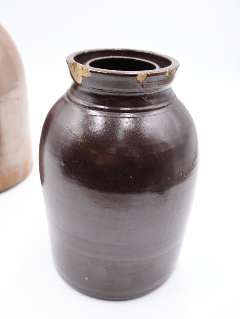 Antique American Stoneware Jugs & Ovoid Jar 3-Piece Primitive Crock Lot - 9