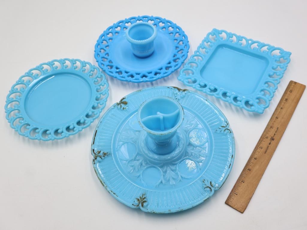 Vintage Turquoise Blue Milk Glass Vanity Set Portieux Vallerysthal & Westmoreland Lot - 2