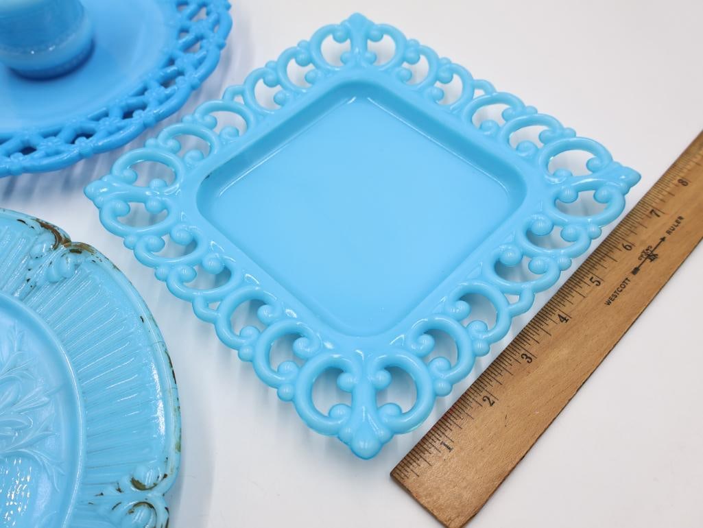 Vintage Turquoise Blue Milk Glass Vanity Set Portieux Vallerysthal & Westmoreland Lot - 3