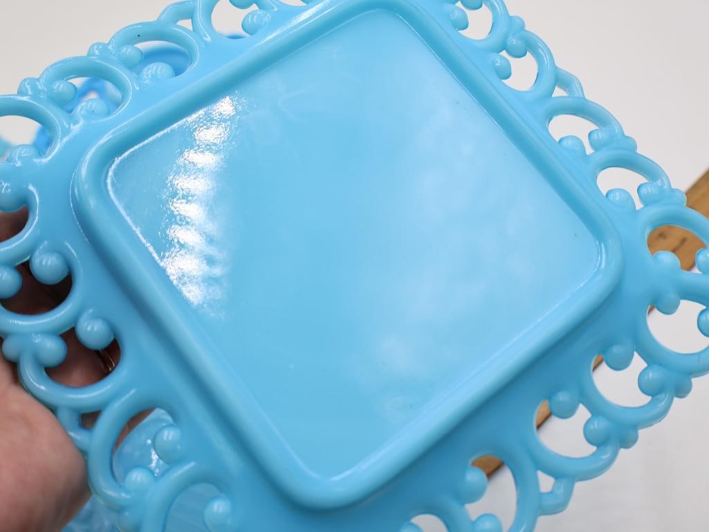 Vintage Turquoise Blue Milk Glass Vanity Set Portieux Vallerysthal & Westmoreland Lot - 4